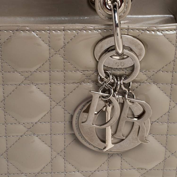 Pre Owned Dior Ecru Glazed Patent Leather Medium Lady Dior Tote