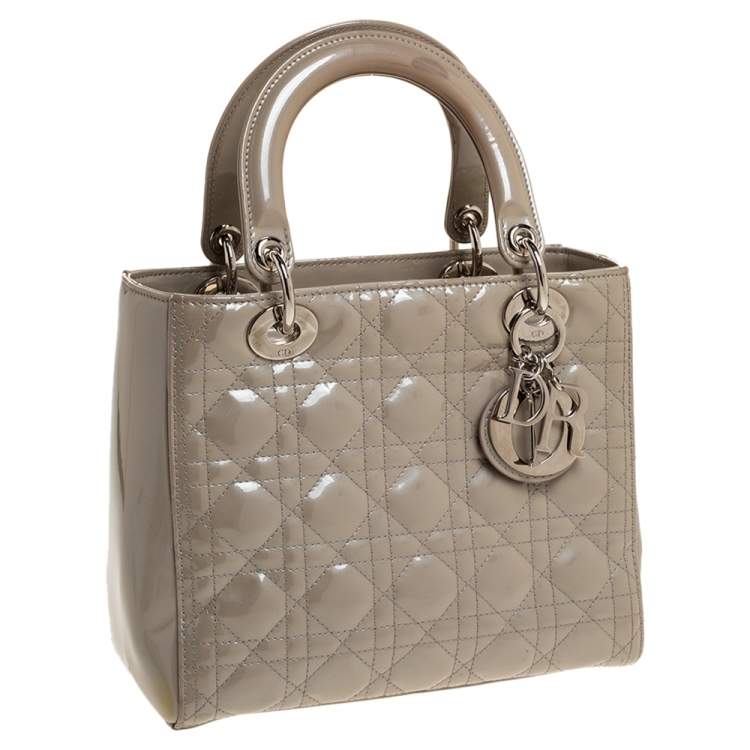 Pre Owned Dior Ecru Glazed Patent Leather Medium Lady Dior Tote