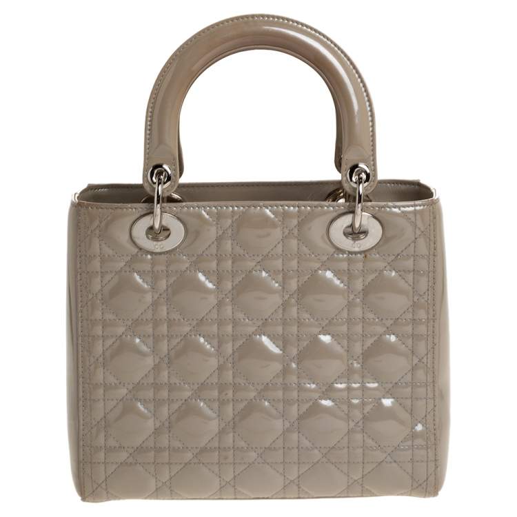 Pre Owned Dior Ecru Glazed Patent Leather Medium Lady Dior Tote