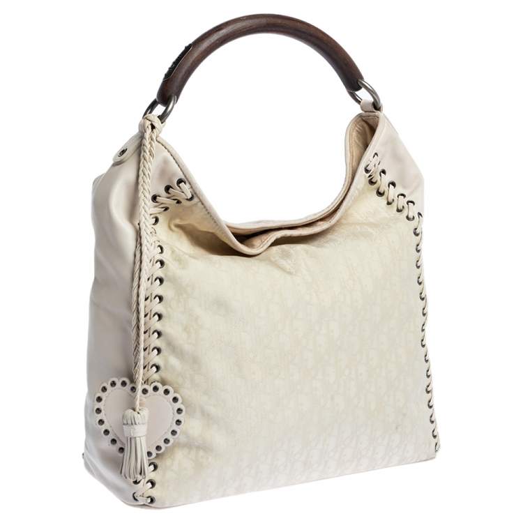 Pre Owned Dior White Oblique Canvas and Leather Ethnic Hobo