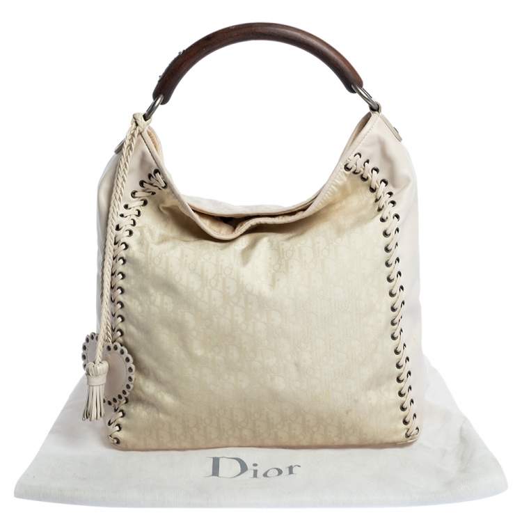 Pre Owned Dior White Oblique Canvas and Leather Ethnic Hobo