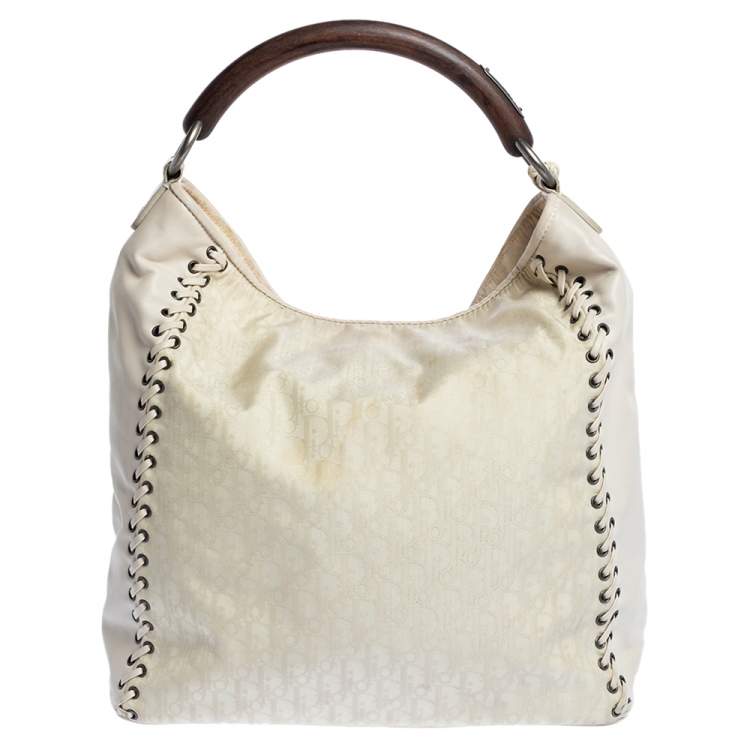 Pre Owned Dior White Oblique Canvas and Leather Ethnic Hobo