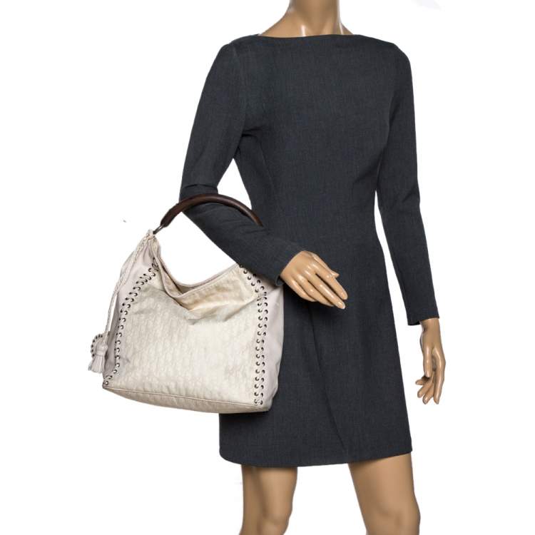 Pre Owned Dior White Oblique Canvas and Leather Ethnic Hobo