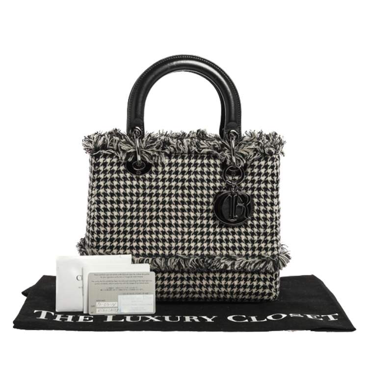 Pre Owned Dior Black/White Houndstooth Patterned Tweed Medium Lady Dior