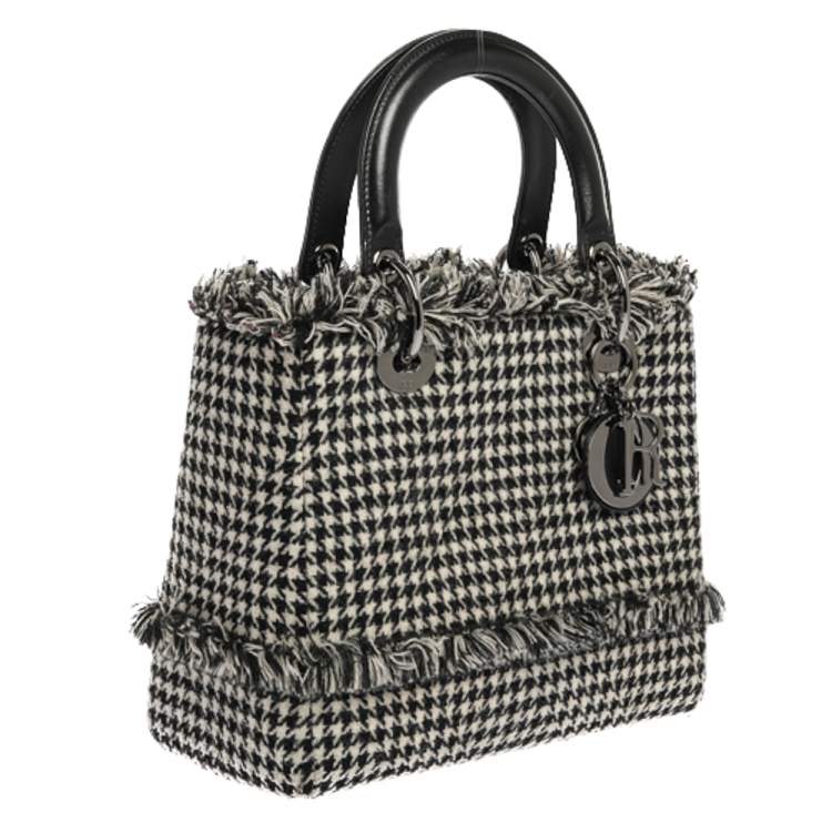 Pre Owned Dior Black/White Houndstooth Patterned Tweed Medium Lady Dior