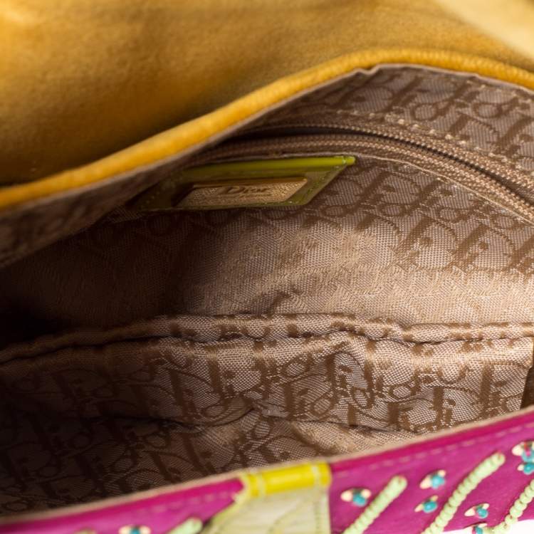 Pre Owned Dior Multicolor Velvet/Nylon and Leather Limited Edition Pom Pom Embellished Saddle Bag