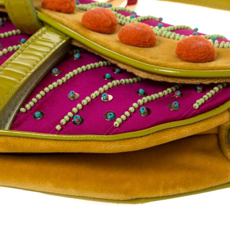 Pre Owned Dior Multicolor Velvet/Nylon and Leather Limited Edition Pom Pom Embellished Saddle Bag
