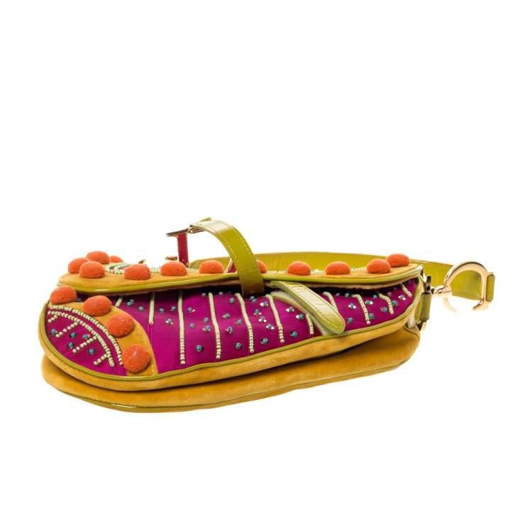 Pre Owned Dior Multicolor Velvet/Nylon and Leather Limited Edition Pom Pom Embellished Saddle Bag