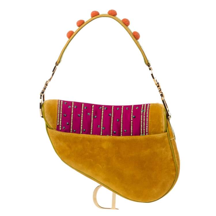 Pre Owned Dior Multicolor Velvet/Nylon and Leather Limited Edition Pom Pom Embellished Saddle Bag