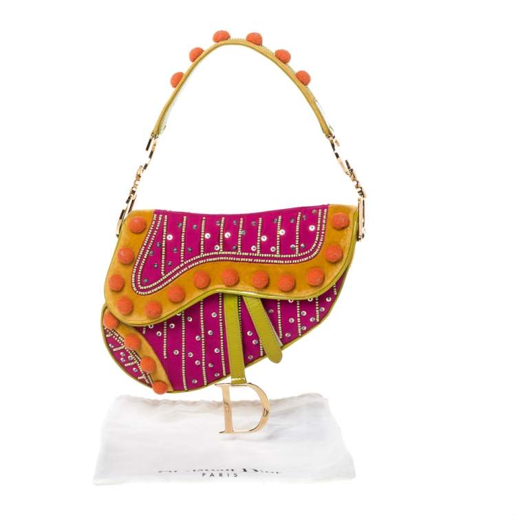 Pre Owned Dior Multicolor Velvet/Nylon and Leather Limited Edition Pom Pom Embellished Saddle Bag