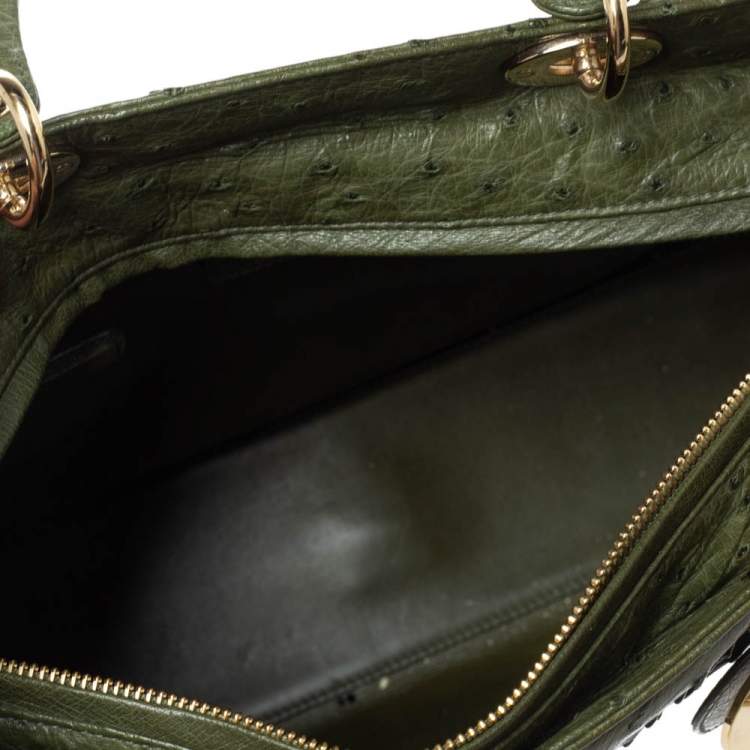 Pre Owned Dior Army Green Ostrich Large Lady Dior Tote