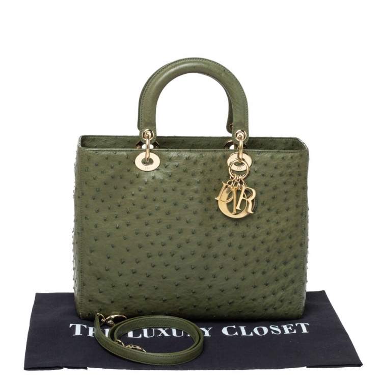 Pre Owned Dior Army Green Ostrich Large Lady Dior Tote