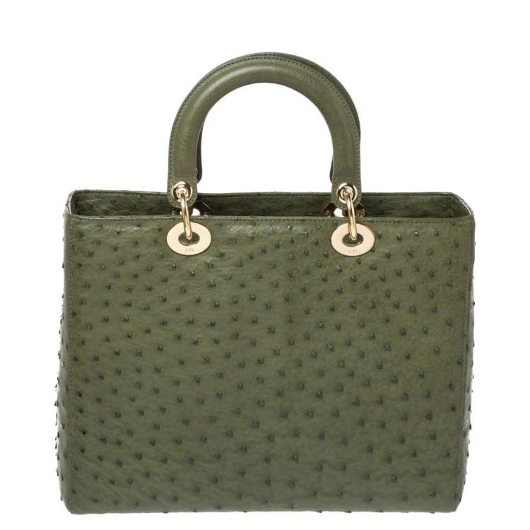 Pre Owned Dior Army Green Ostrich Large Lady Dior Tote