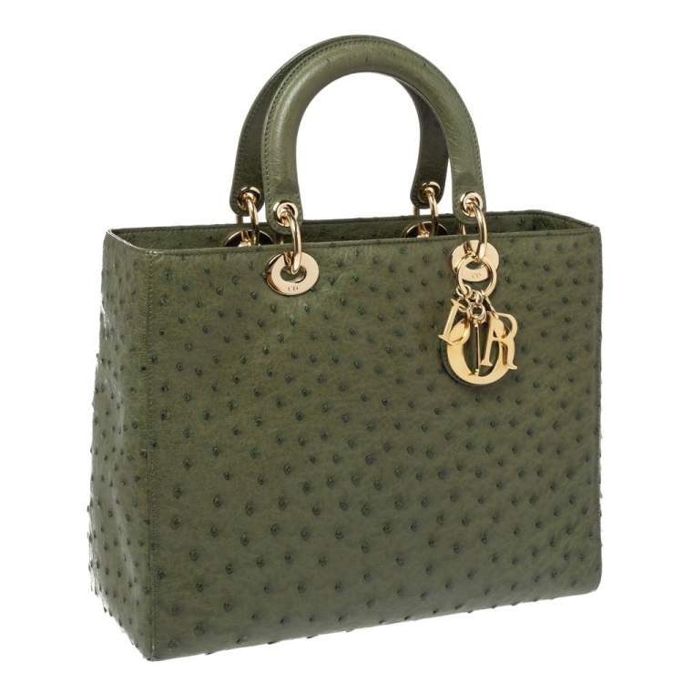 Pre Owned Dior Army Green Ostrich Large Lady Dior Tote