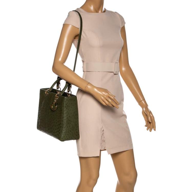 Pre Owned Dior Army Green Ostrich Large Lady Dior Tote