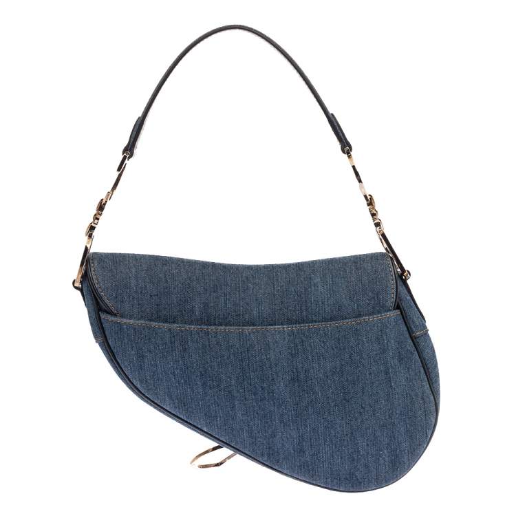 Pre Owned Dior Blue Crystal Embellished Denim and Leather Saddle Bag