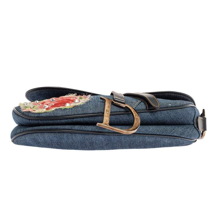 Pre Owned Dior Blue Crystal Embellished Denim and Leather Saddle Bag