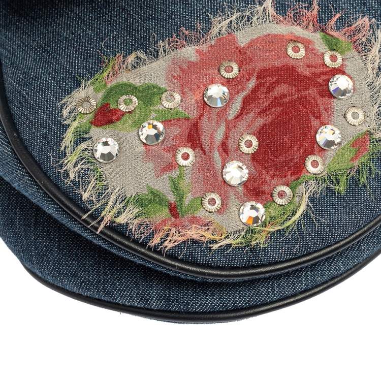 Pre Owned Dior Blue Crystal Embellished Denim and Leather Saddle Bag