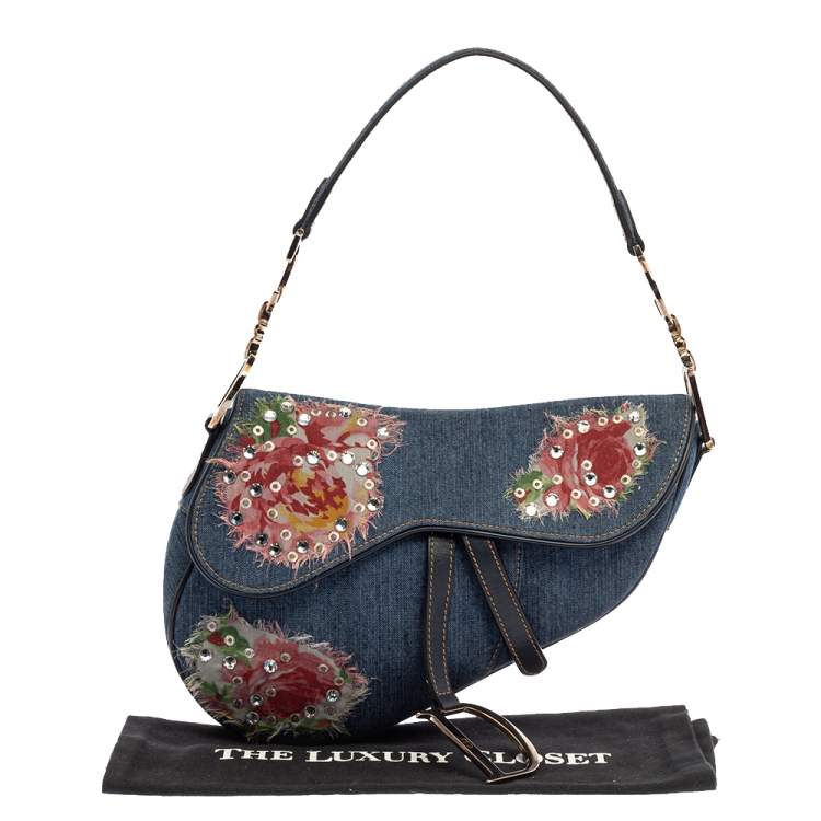 Pre Owned Dior Blue Crystal Embellished Denim and Leather Saddle Bag