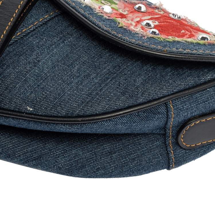Pre Owned Dior Blue Crystal Embellished Denim and Leather Saddle Bag