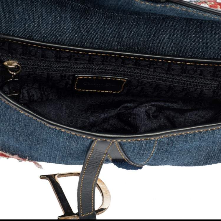 Pre Owned Dior Blue Crystal Embellished Denim and Leather Saddle Bag