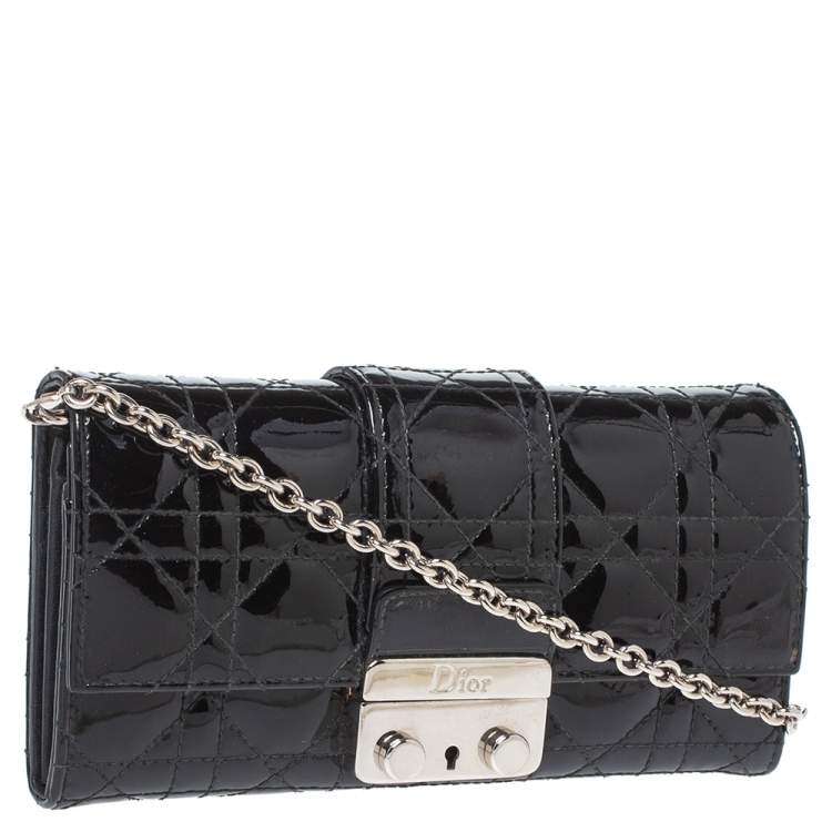 Pre Owned Dior Black Cannage Patent Leather New Lock Wallet on Chain