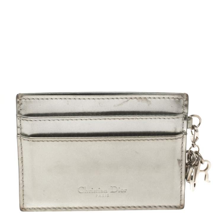 Pre Owned Dior Metallic Silver Micro Cannage Leather Lady Dior Card Holder