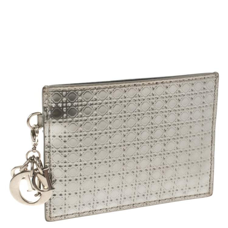 Pre Owned Dior Metallic Silver Micro Cannage Leather Lady Dior Card Holder