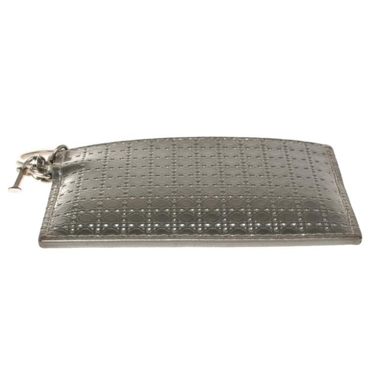 Pre Owned Dior Metallic Silver Micro Cannage Leather Lady Dior Card Holder