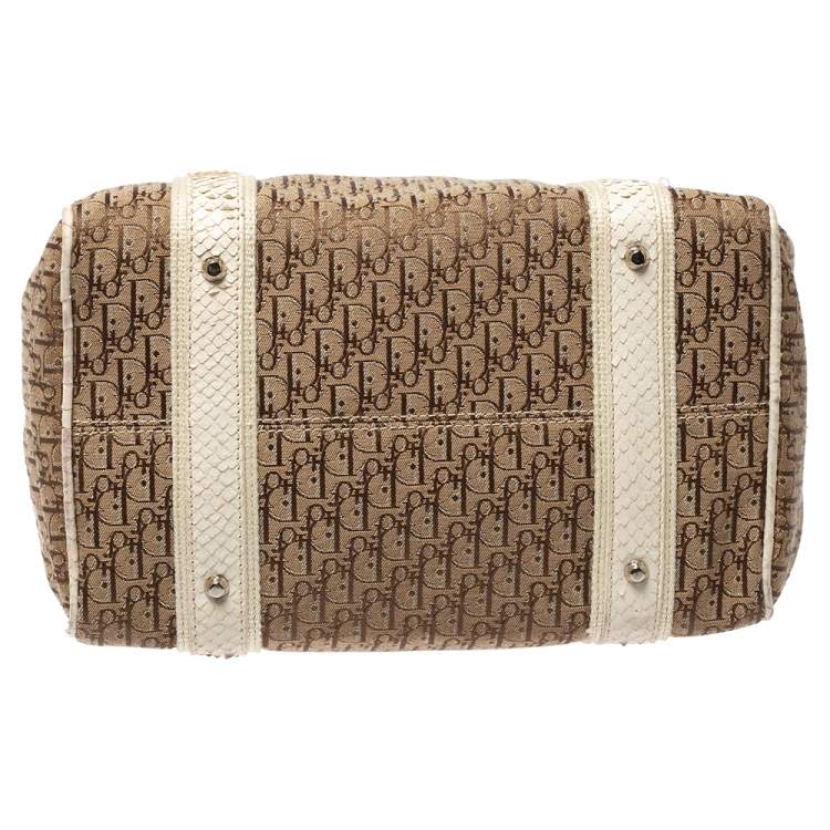 Pre Owned Dior White/Beige Oblique Canvas and Python Boston Bag 