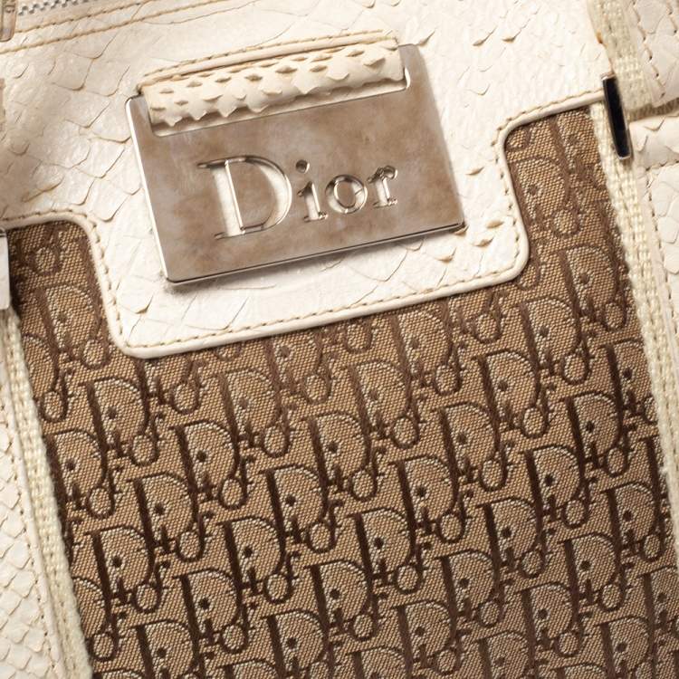 Pre Owned Dior White/Beige Oblique Canvas and Python Boston Bag 
