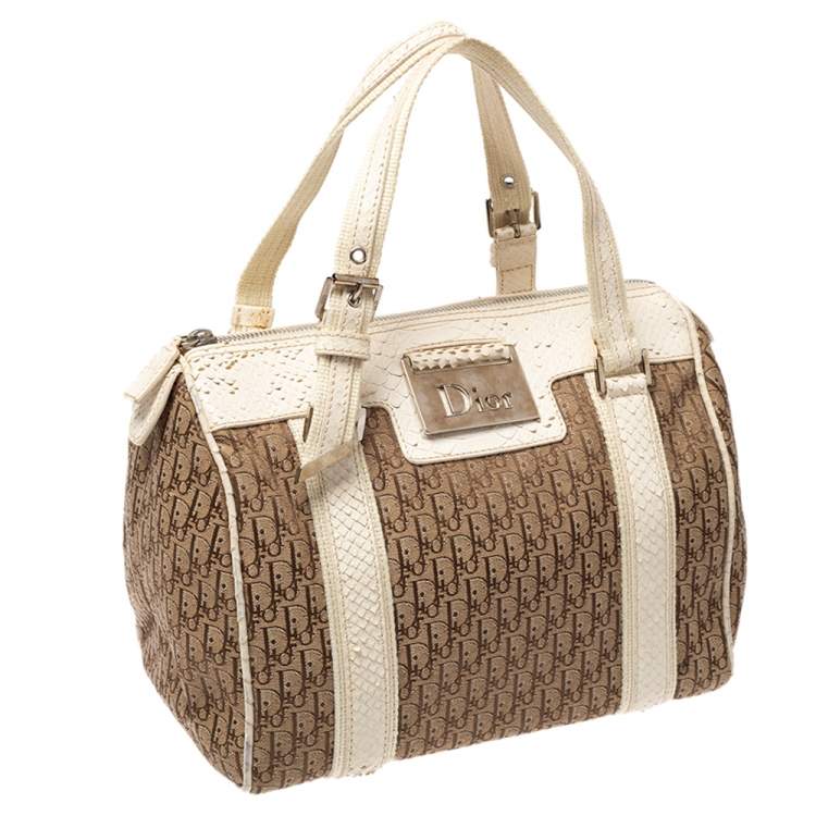 Pre Owned Dior White/Beige Oblique Canvas and Python Boston Bag 
