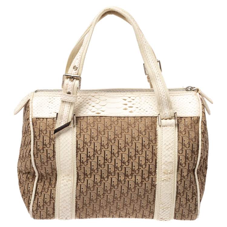 Pre Owned Dior White/Beige Oblique Canvas and Python Boston Bag 