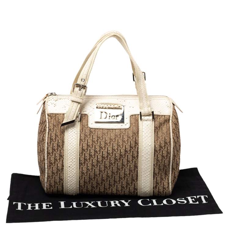 Pre Owned Dior White/Beige Oblique Canvas and Python Boston Bag 