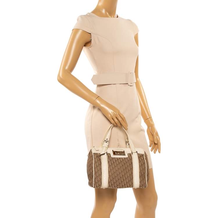 Pre Owned Dior White/Beige Oblique Canvas and Python Boston Bag 