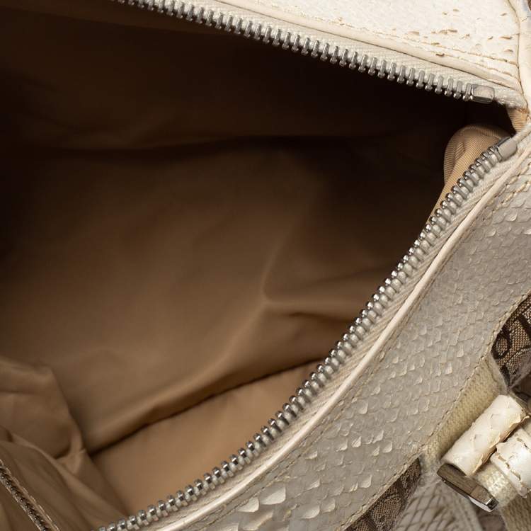 Pre Owned Dior White/Beige Oblique Canvas and Python Boston Bag 