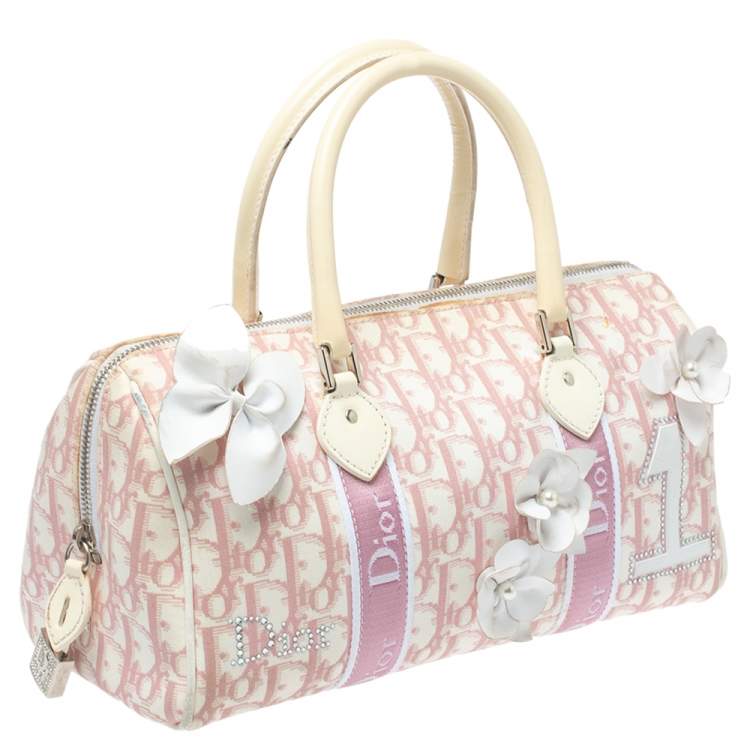 Pre Owned Dior Pink/White Monogram Canvas Girly Boston Bag