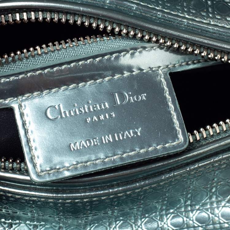 Pre Owned Dior Metallic Green Micro Cannage Patent Leather Medium Lady Dior Tote