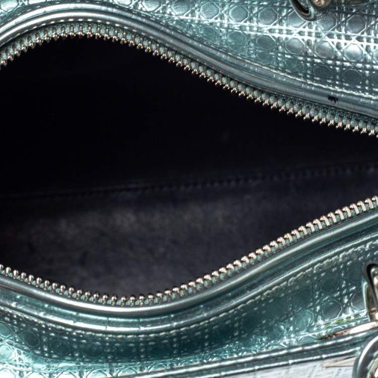 Pre Owned Dior Metallic Green Micro Cannage Patent Leather Medium Lady Dior Tote