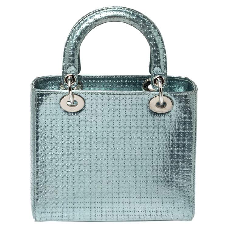 Pre Owned Dior Metallic Green Micro Cannage Patent Leather Medium Lady Dior Tote