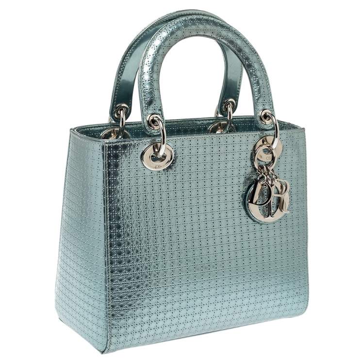 Pre Owned Dior Metallic Green Micro Cannage Patent Leather Medium Lady Dior Tote
