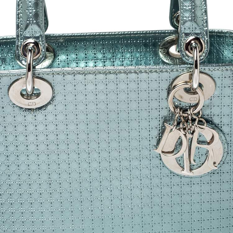 Pre Owned Dior Metallic Green Micro Cannage Patent Leather Medium Lady Dior Tote