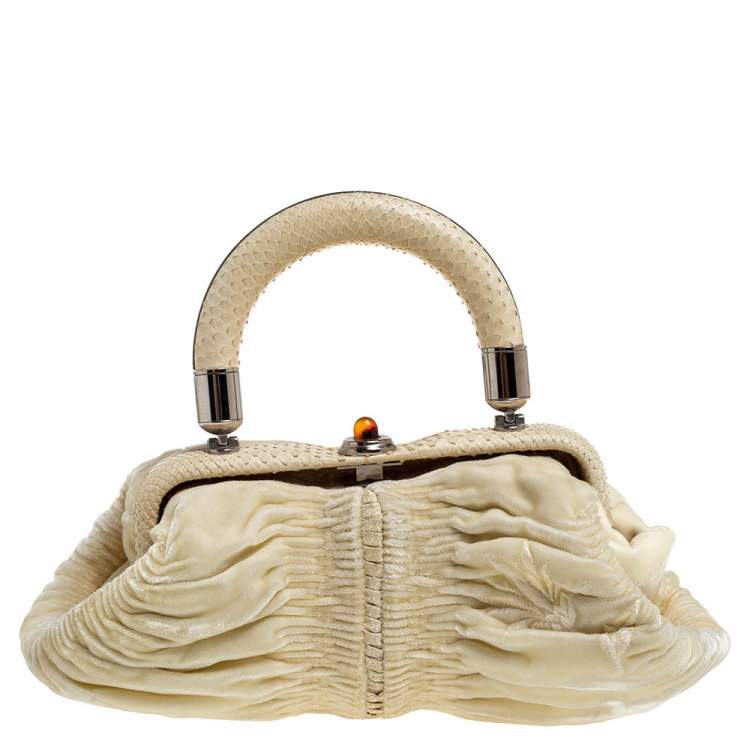 Pre Owned Dior Cream Velvet and Python Karenina Top Handle Bag
