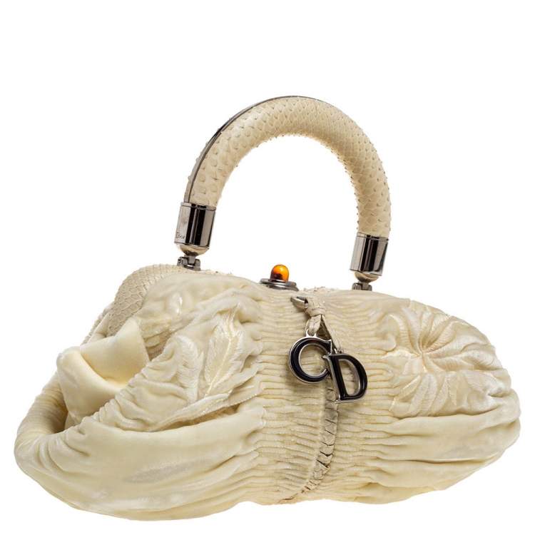 Pre Owned Dior Cream Velvet and Python Karenina Top Handle Bag