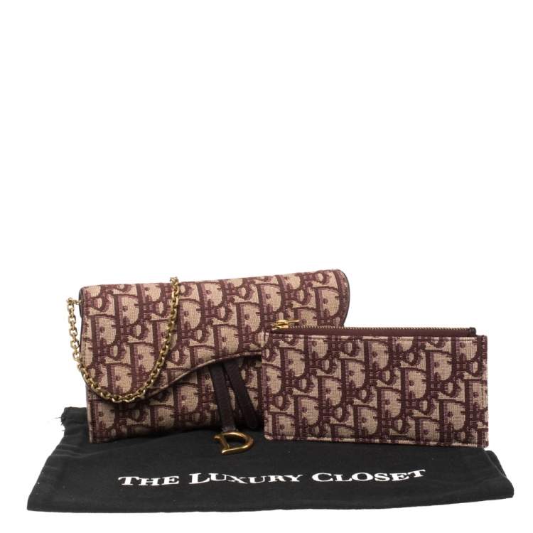 Pre Owned Dior Burgundy Oblique Canvas and Leather Saddle Wallet On Chain