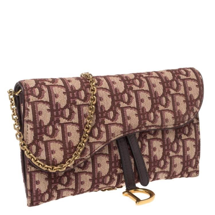 Pre Owned Dior Burgundy Oblique Canvas and Leather Saddle Wallet On Chain