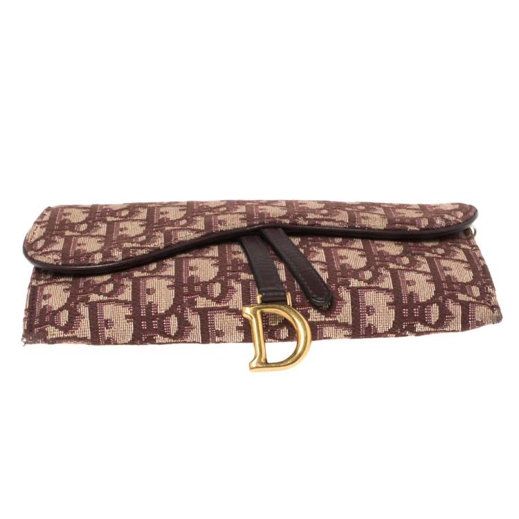 Pre Owned Dior Burgundy Oblique Canvas and Leather Saddle Wallet On Chain