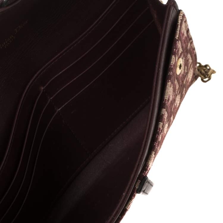 Pre Owned Dior Burgundy Oblique Canvas and Leather Saddle Wallet On Chain