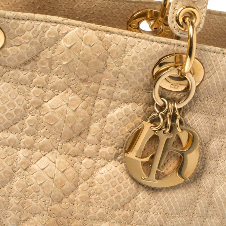Pre Owned Dior Beige Python Large Limited Edition Lady Dior Tote