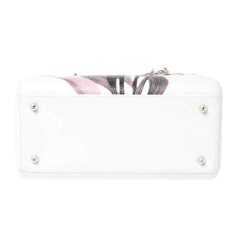 Pre Owned Dior White/Pink Floral Print Leather Medium Lady Dior Tote